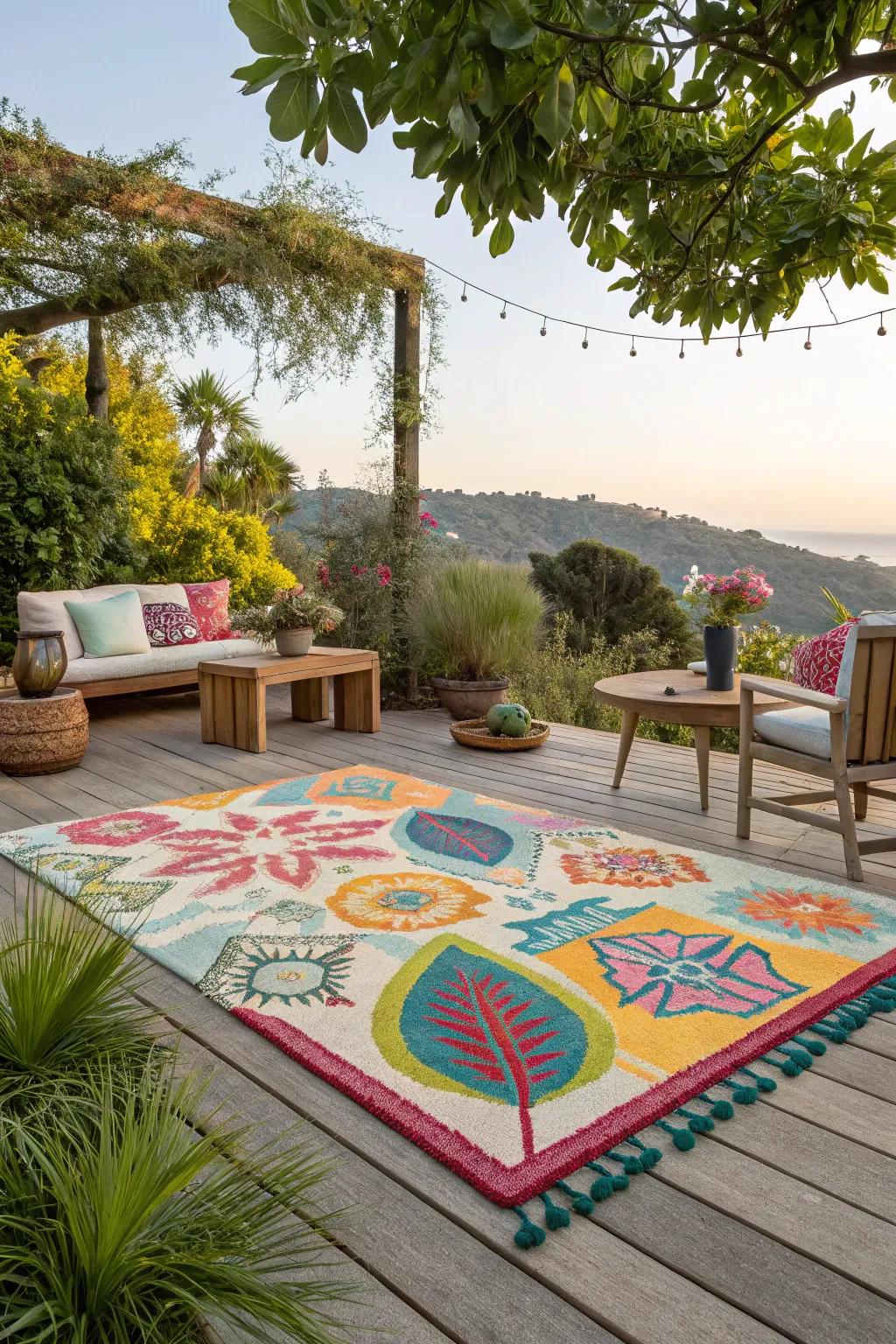 An outdoor rug introduces color and defines your area.