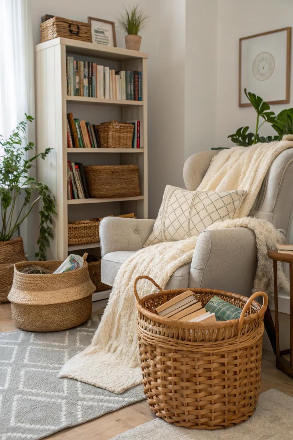 Layered textures bring warmth and comfort to a well-designed reading nook.