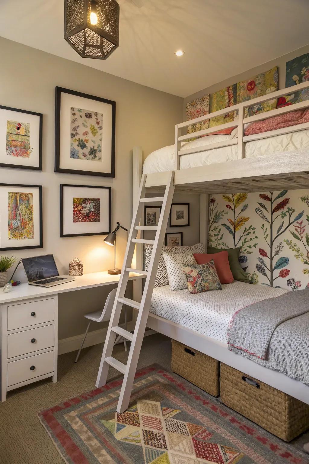 A creative loft bedroom featuring artistic touches and a loft bed.