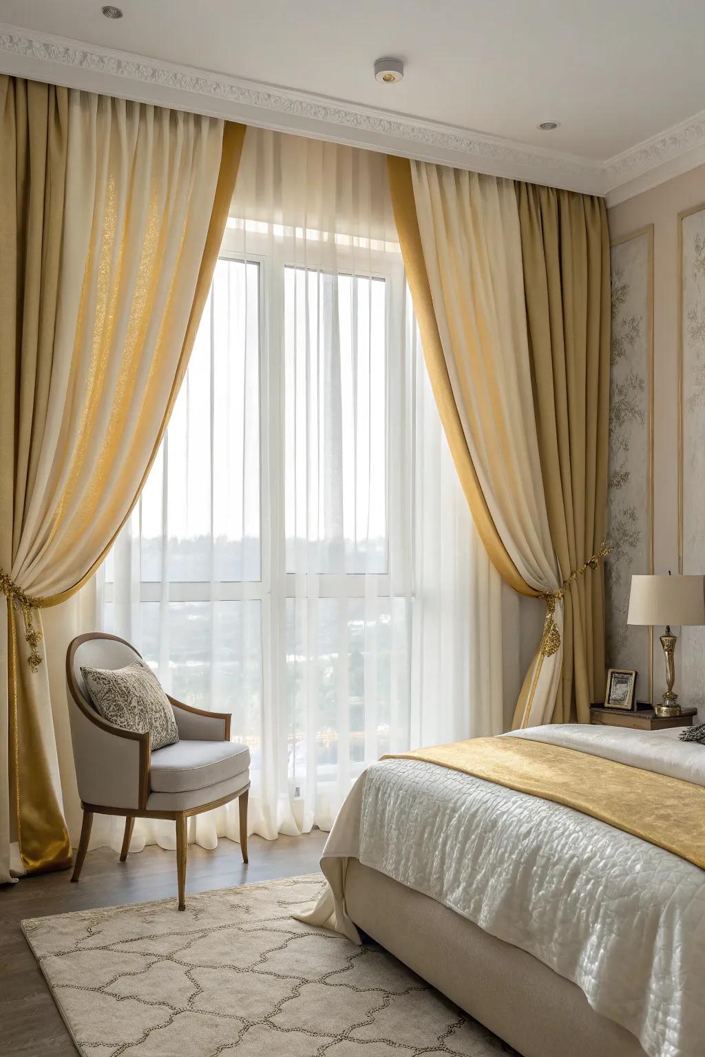 Lush window coverings present coziness and polish to the boudoir.
