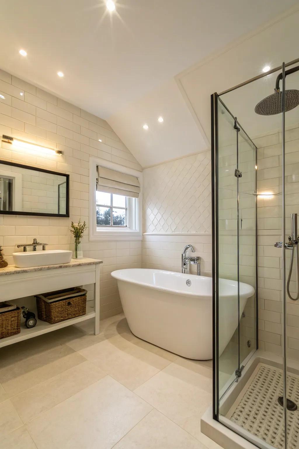 A freestanding tub gives a hint of luxury to this creamy bathroom.