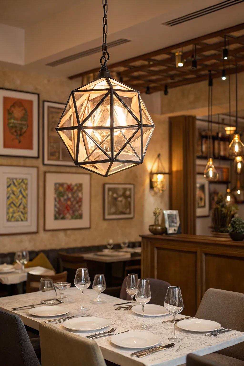 A geometric pendant lamp introduces an artistic touch to a dining room.