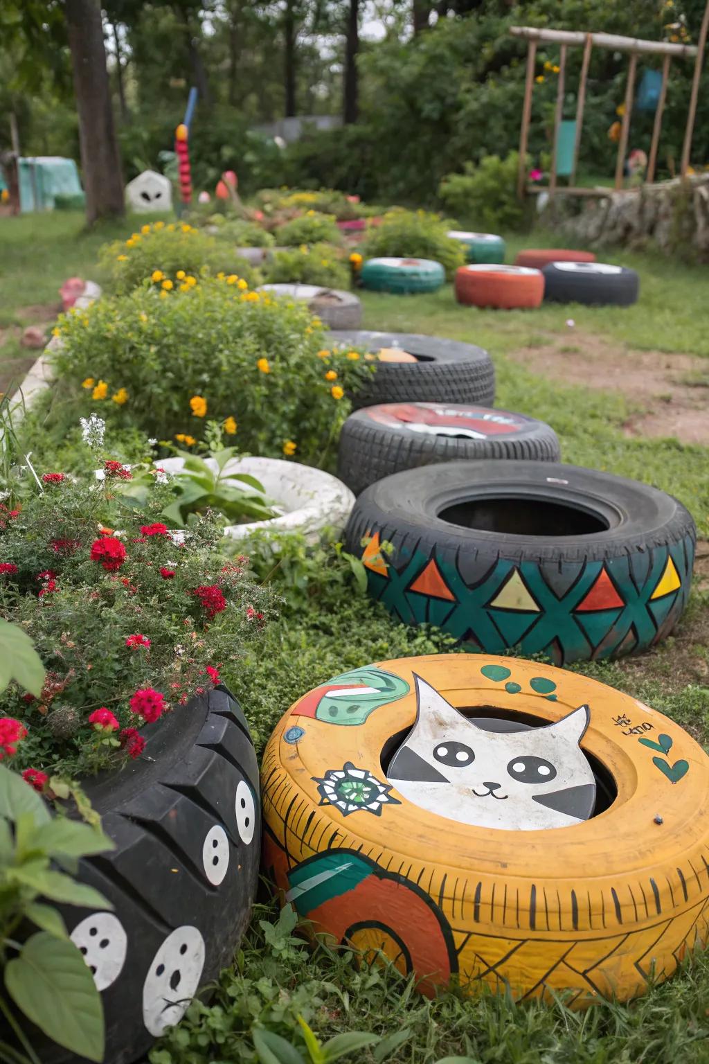 Themed tire designs adding personality to the garden landscape.