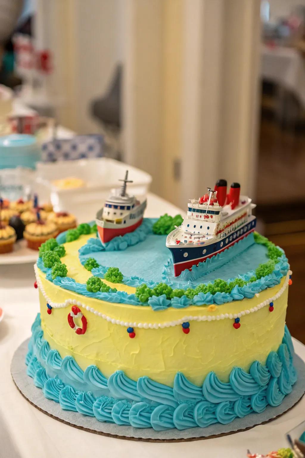 These miniature cruise ships bring a whimsical touch to the cake.