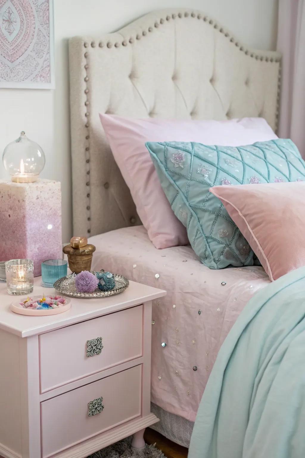 Gentle-toned bedding elevates the serene atmosphere of a crystal-themed room.