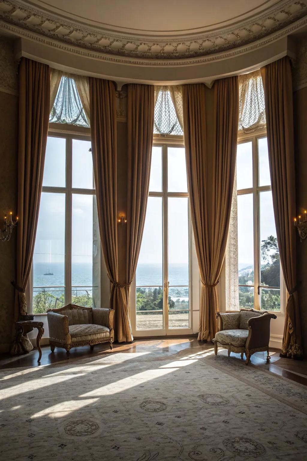 Full-length window coverings introduce theatrical elegance.