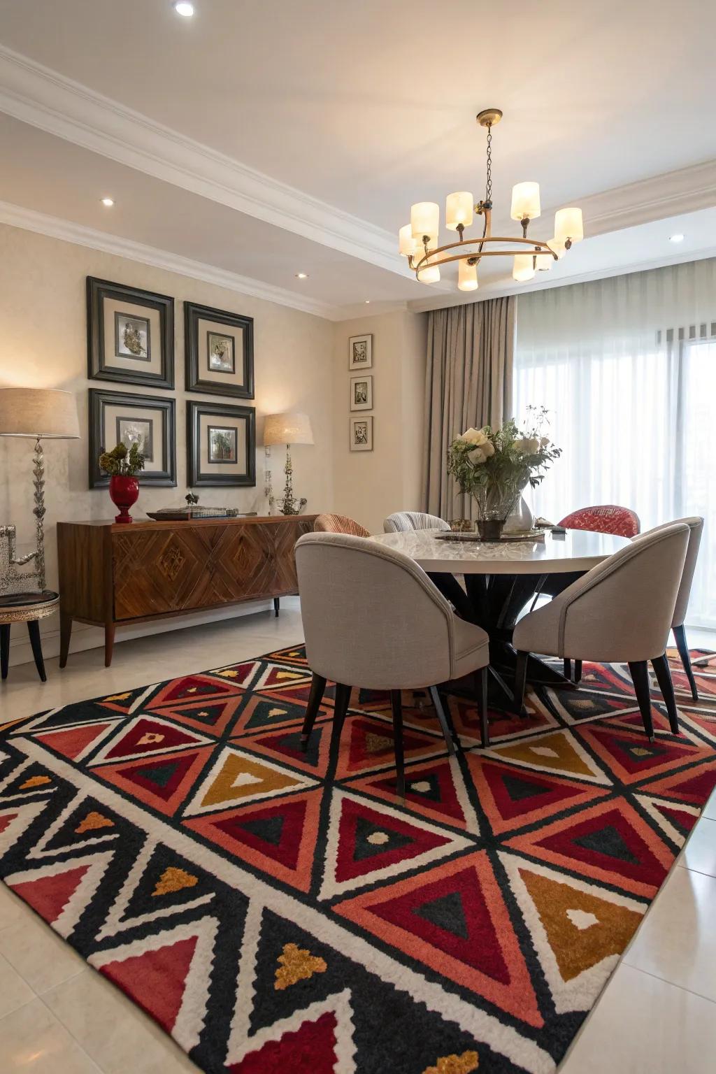 Abstract geometric patterns bring modern elegance to this dining area.