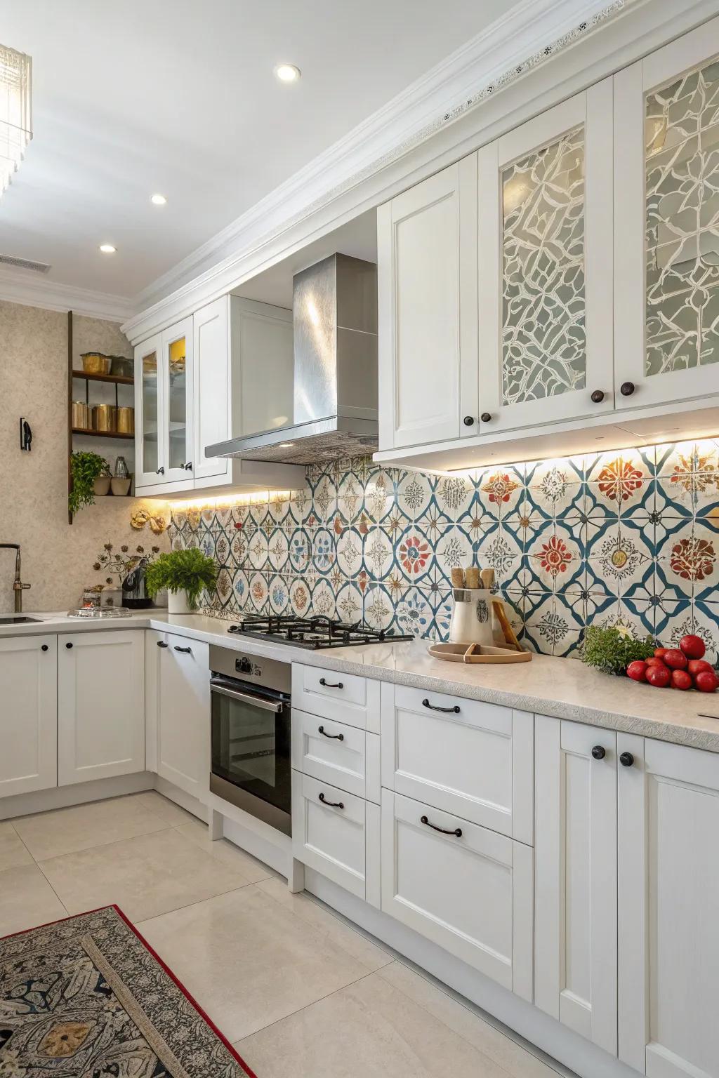 A statement backsplash serves as the kitchen's focal point.