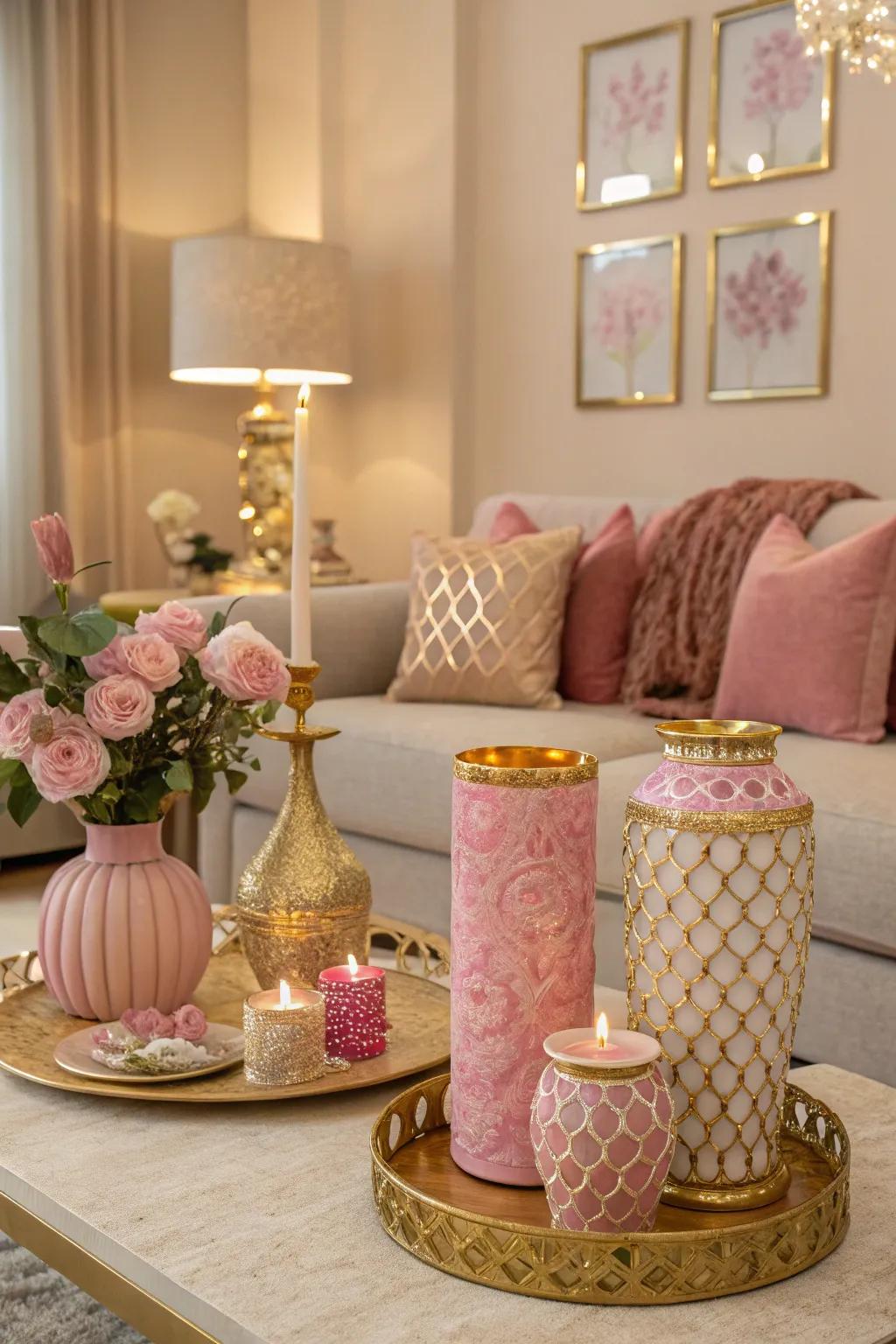 Rose and gold highlights add a touch of glamour to the living room.