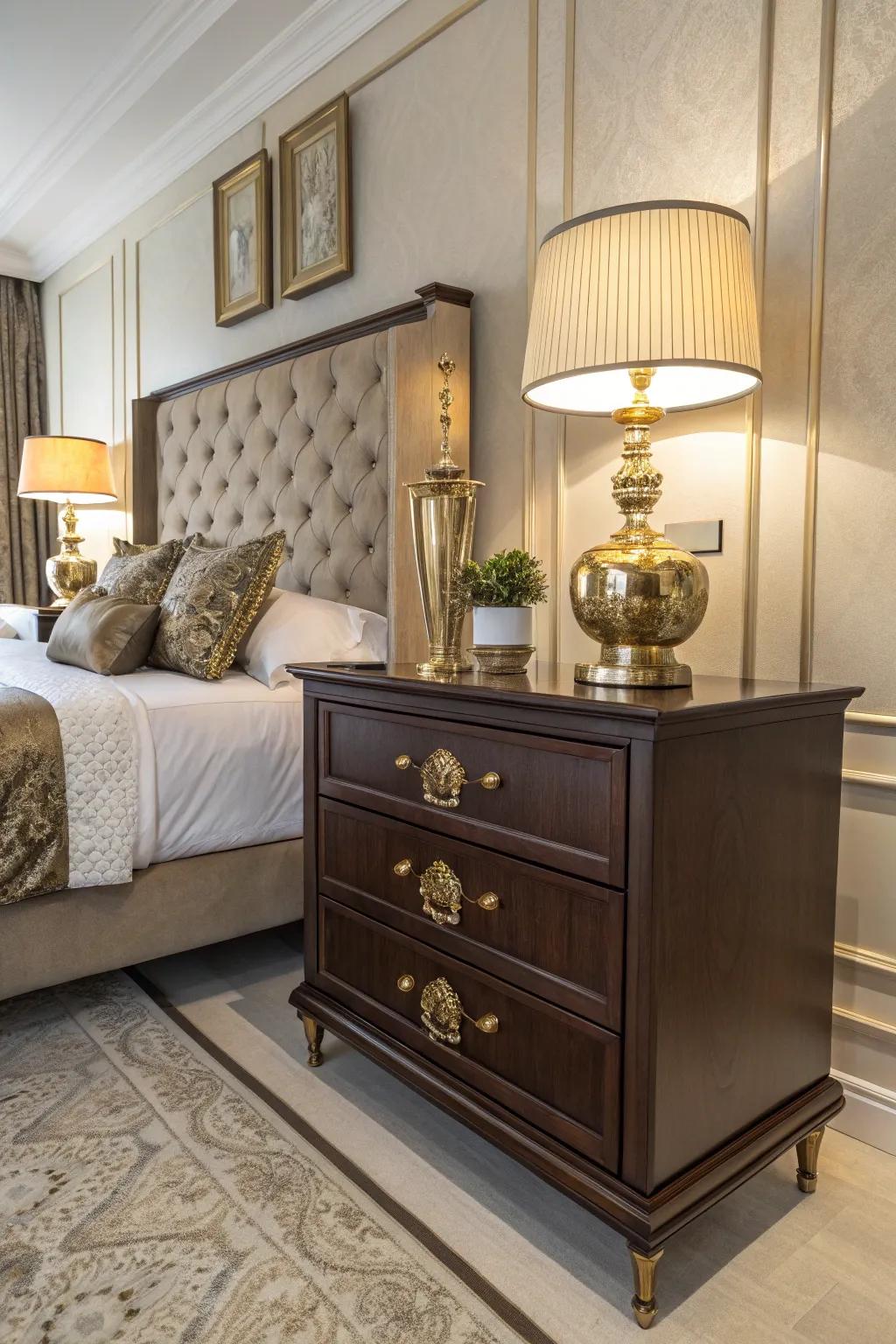 Warm metallic tones enhance the refinement of deep brown decor.