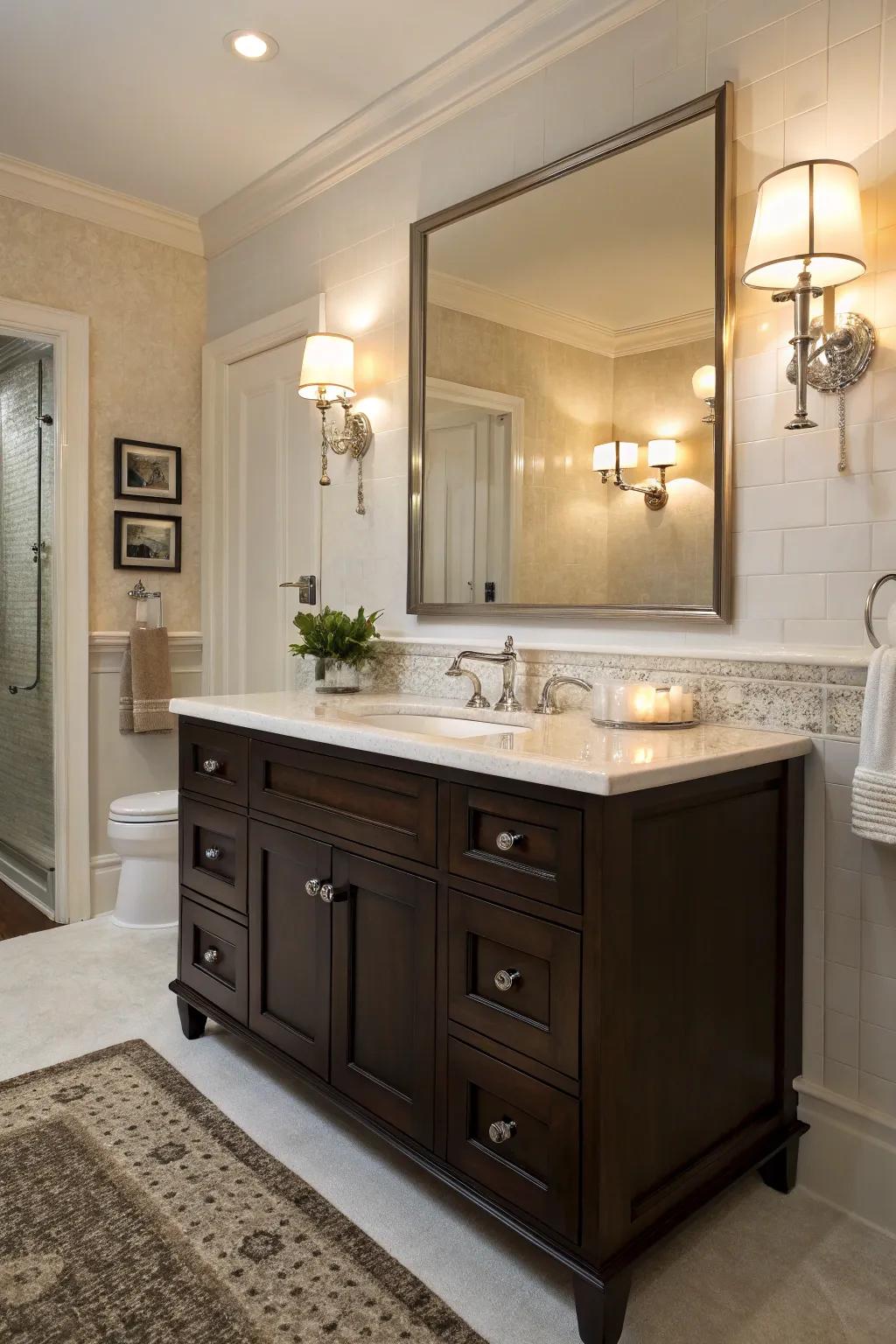 Ambient lighting enhances the warmth of a dark brown vanity.