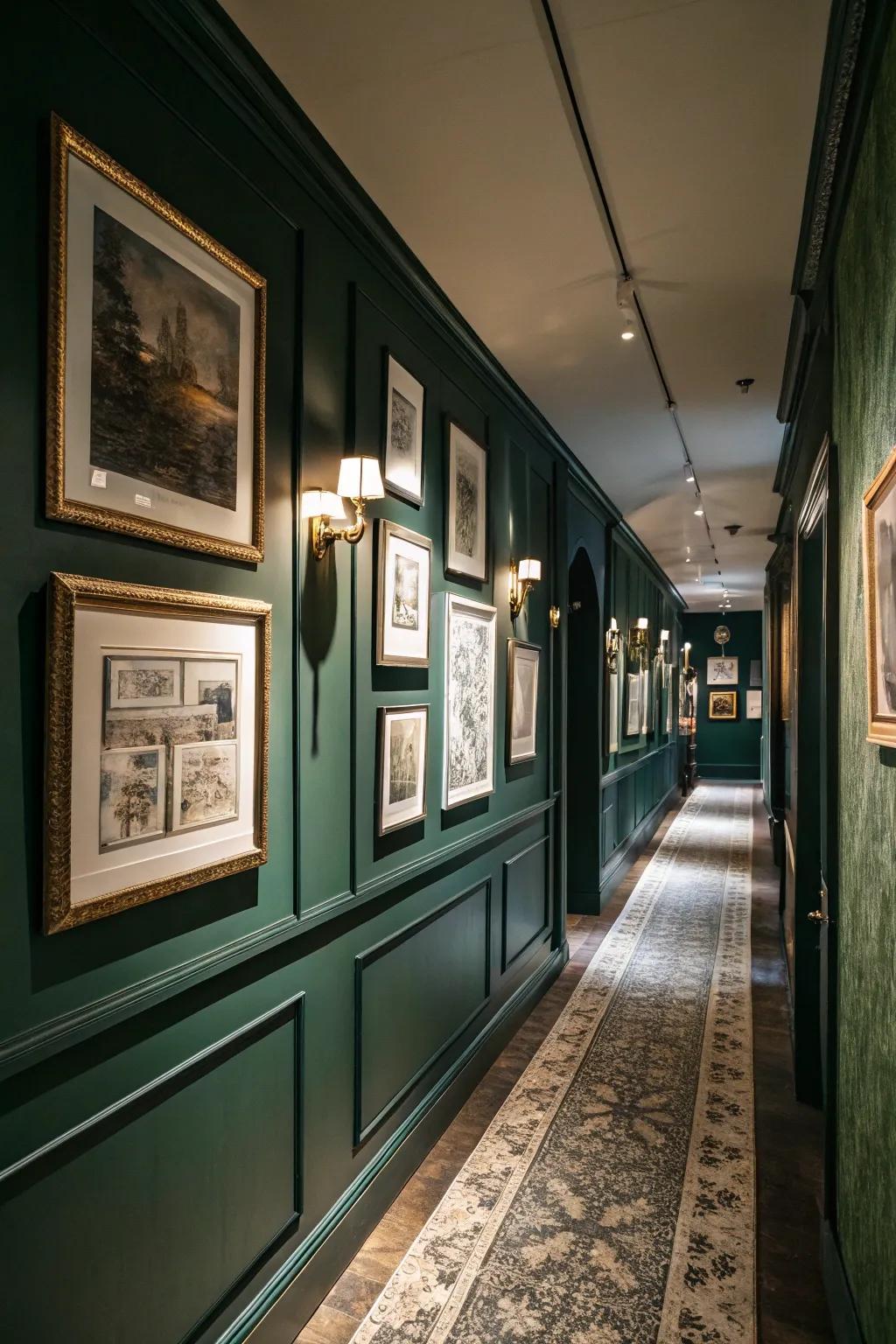 A photo display personalizes the forest green hallway.