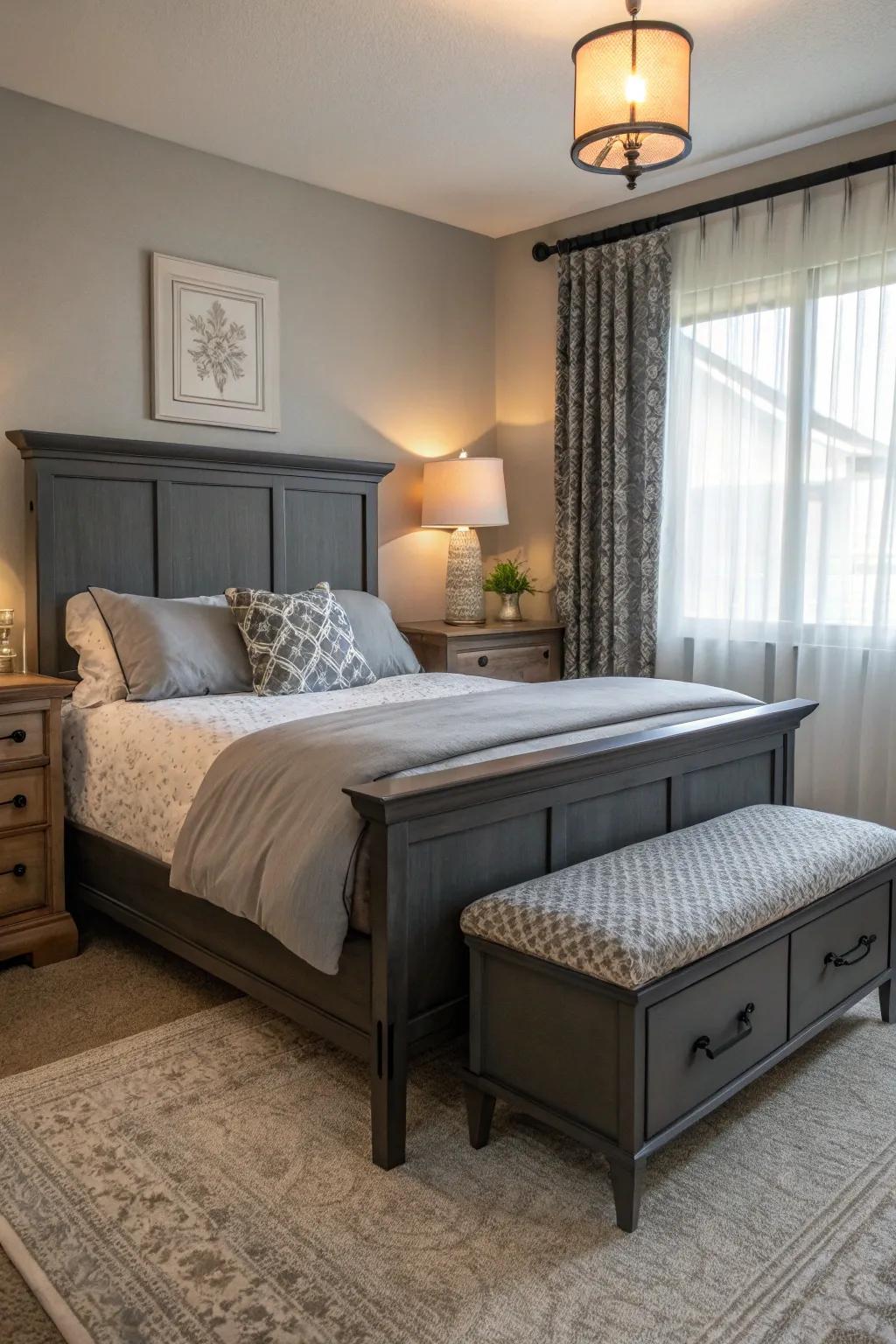 Utilitarian furnishings enhance the dark charcoal sleeping platform.