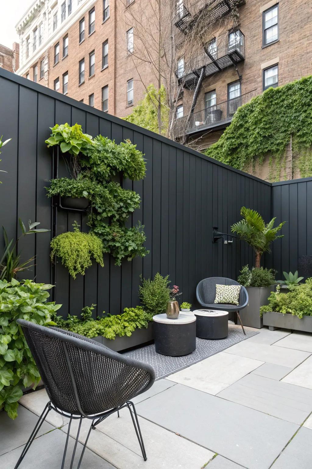 An urban haven showcasing a charcoal-toned enclosure and a lush vertical garden.