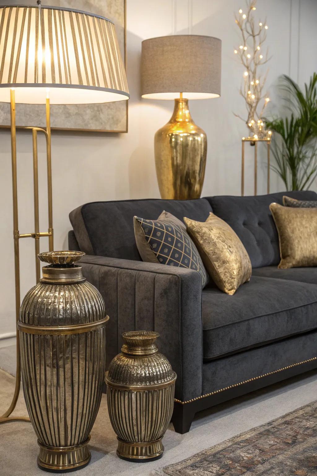Metallic touches introduce a hint of grandeur to a gray couch ensemble.