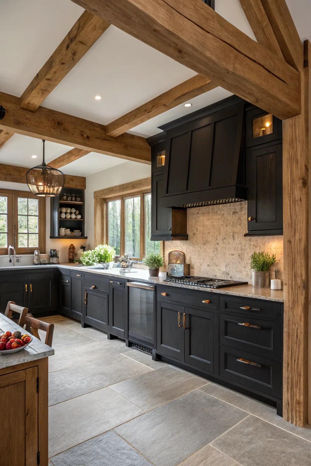 Natural wood accents bestow warmth and harmony to a modern, dark kitchen.