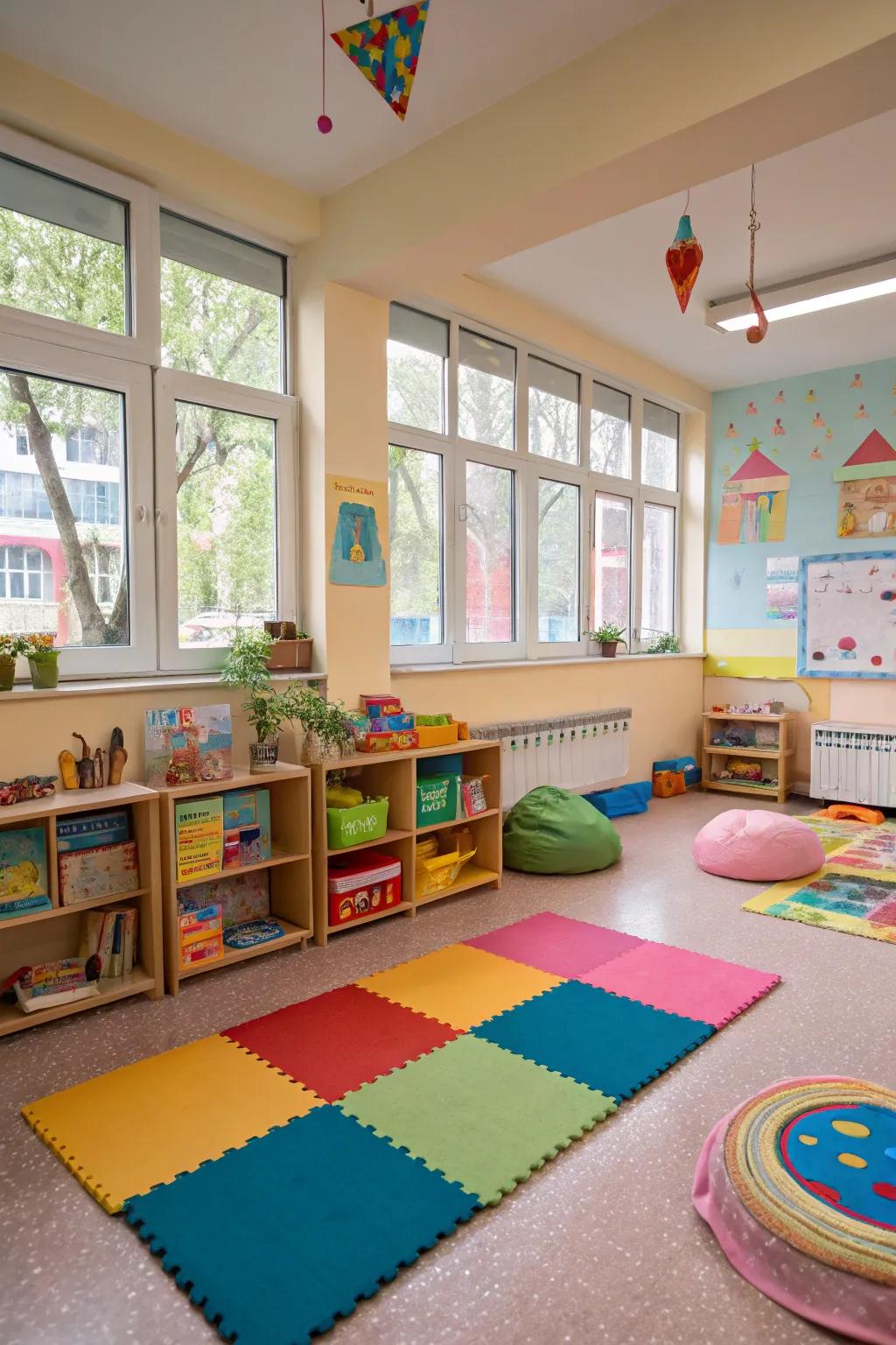 Colorful rugs and mats provide comfort and safety.