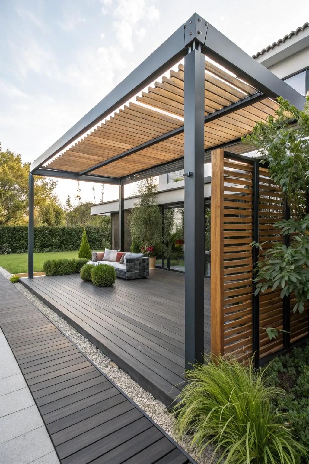 A pergola combining modern and rustic elements for a chic look.