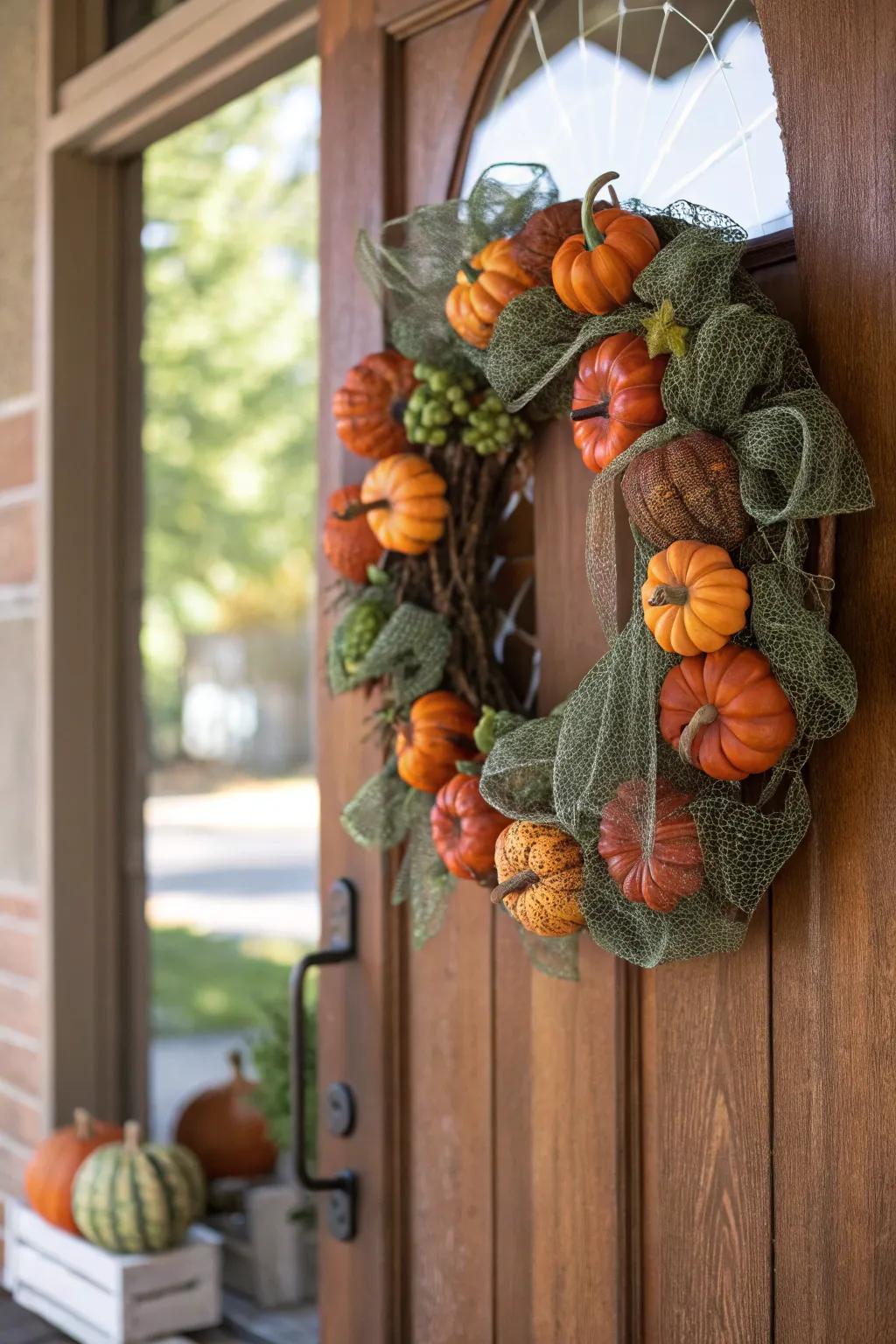 Effervescent faux pumpkins animate this woven embellishment wreath.