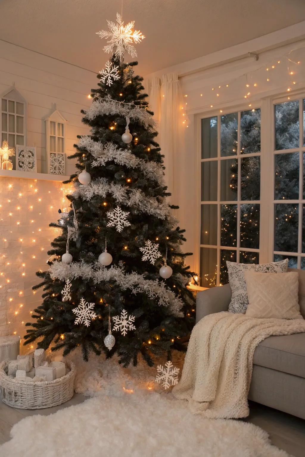 A charcoal tree with a snowy, elegant appearance.