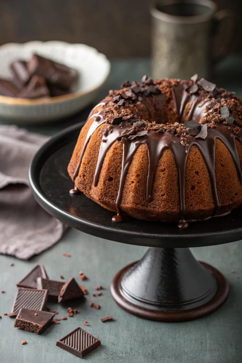A ring cake glistening with a sumptuous chocolate cascade and artful chocolate curls.