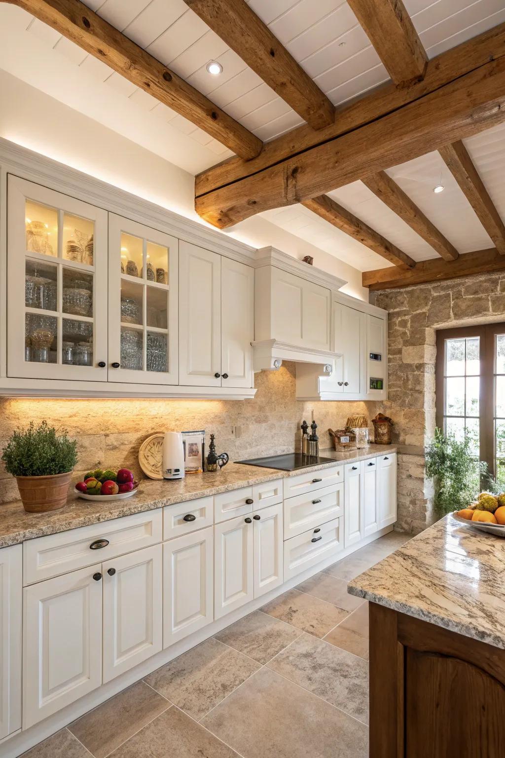 Timber beams grant warmth and attribute to a snug kitchen environment.