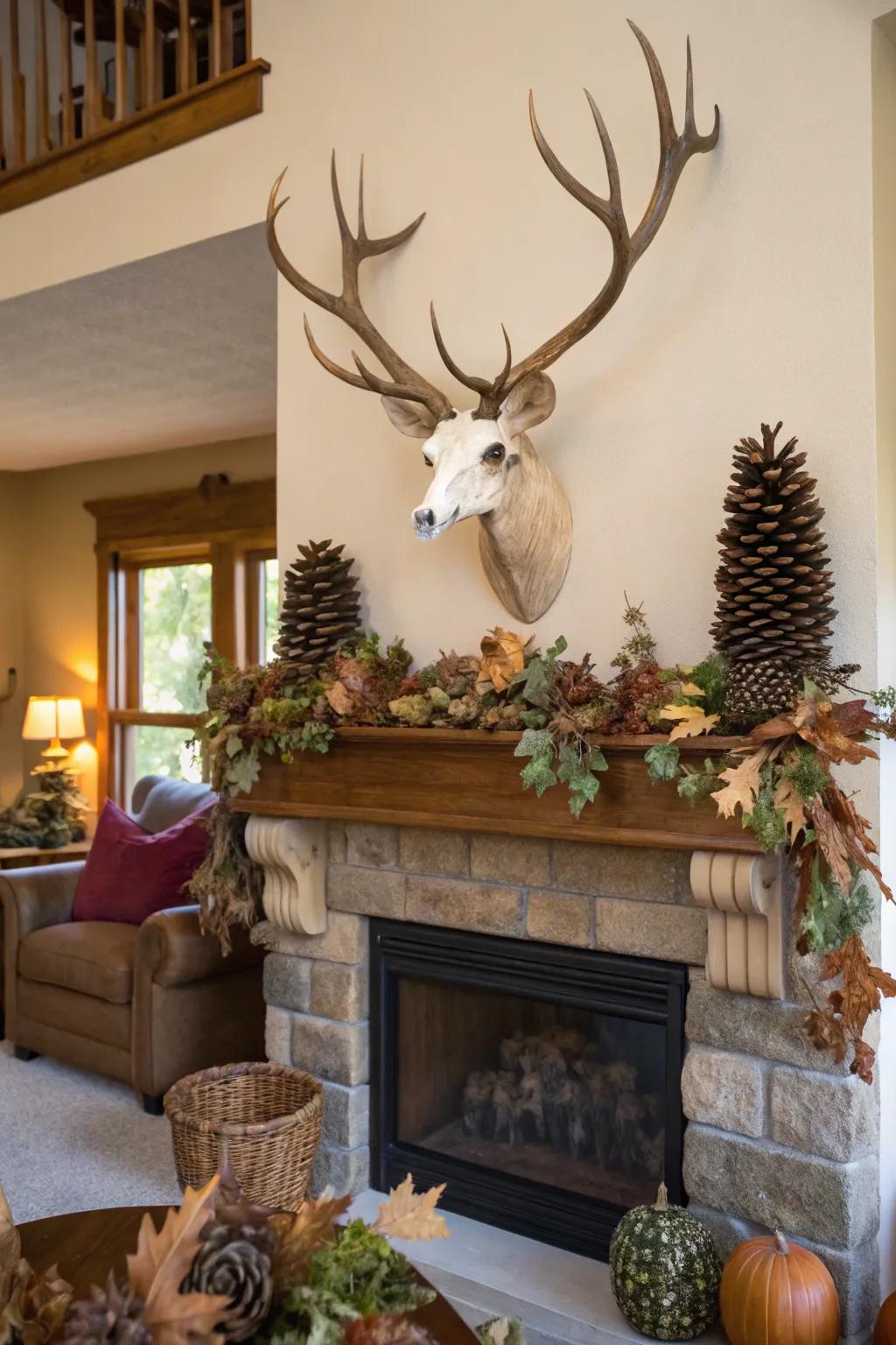 Nature-centric aesthetics enhance this deer skull display above a mantel.