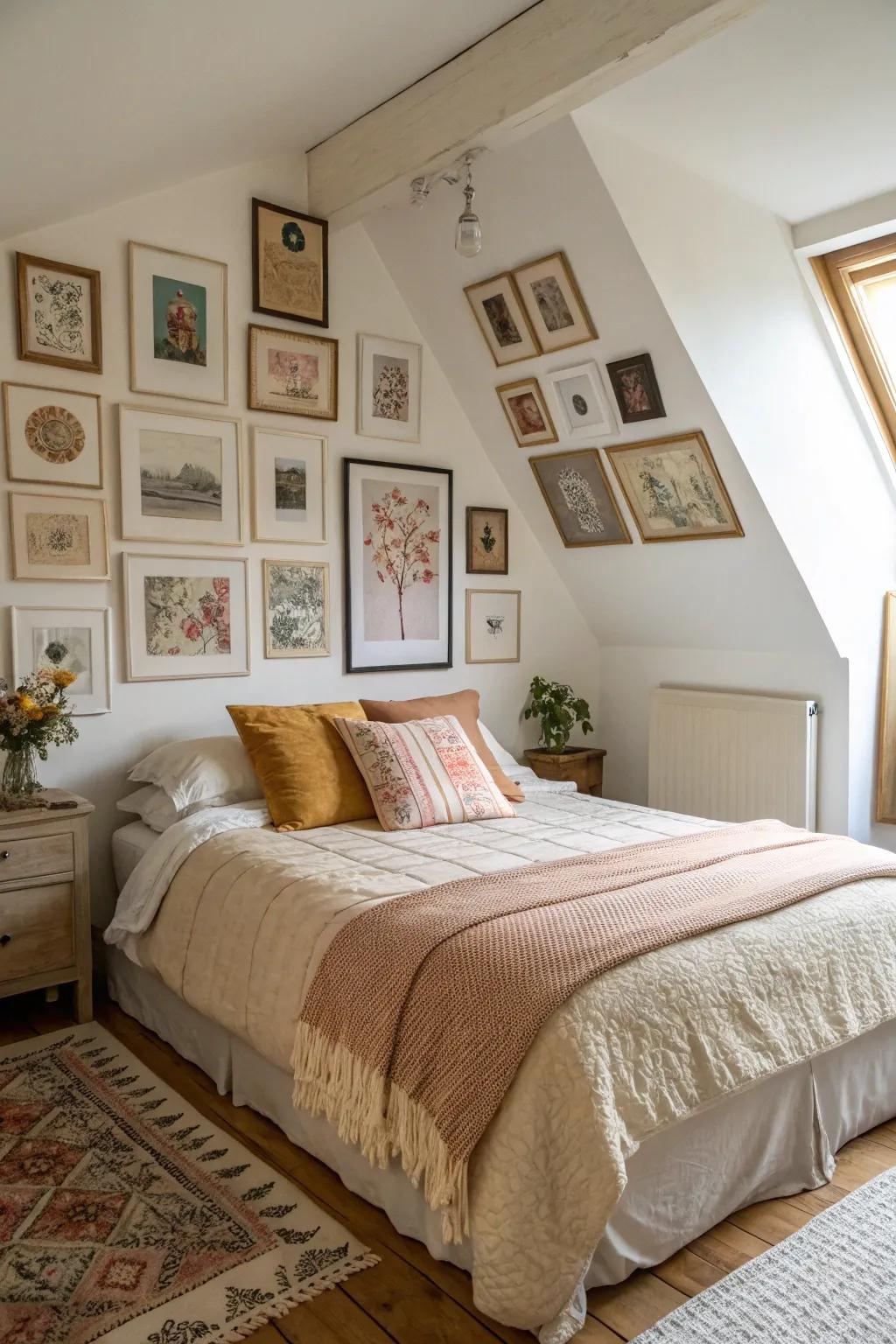 An art display injects personality into a diagonal bed configuration.