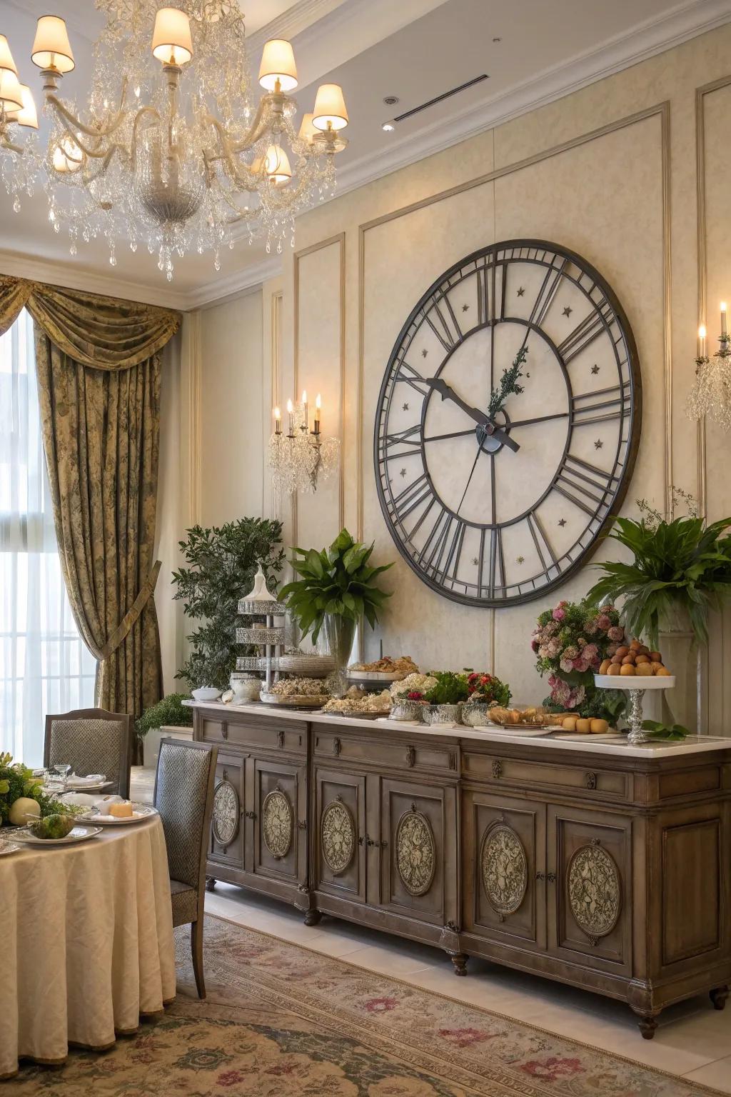A large clock serves as both a functional and stylish focal point.