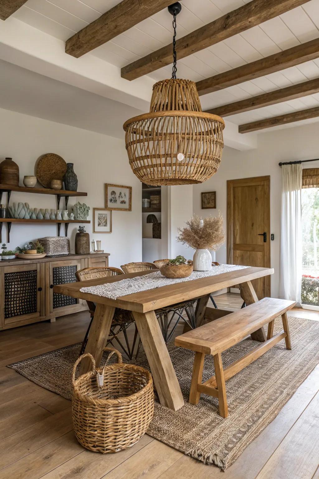 Wooden light fixtures enhance this dining space with warmth and organic charm.
