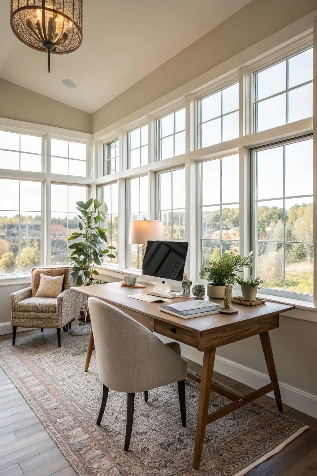A vibrant and welcoming area enhanced by plentiful sunlight.