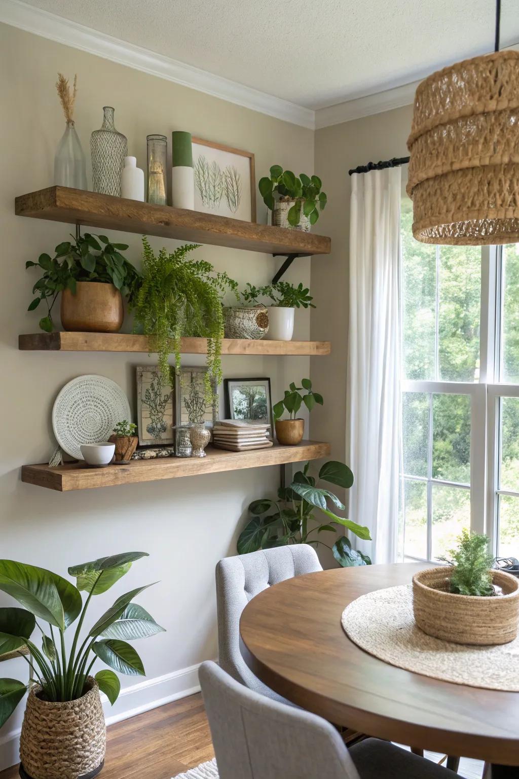 Floating shelves add elegance and a personal touch to the dining room.