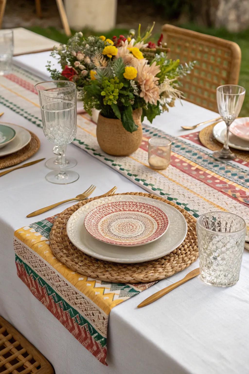 Layered materials contribute dimension and visual appeal to a dinner table arrangement.