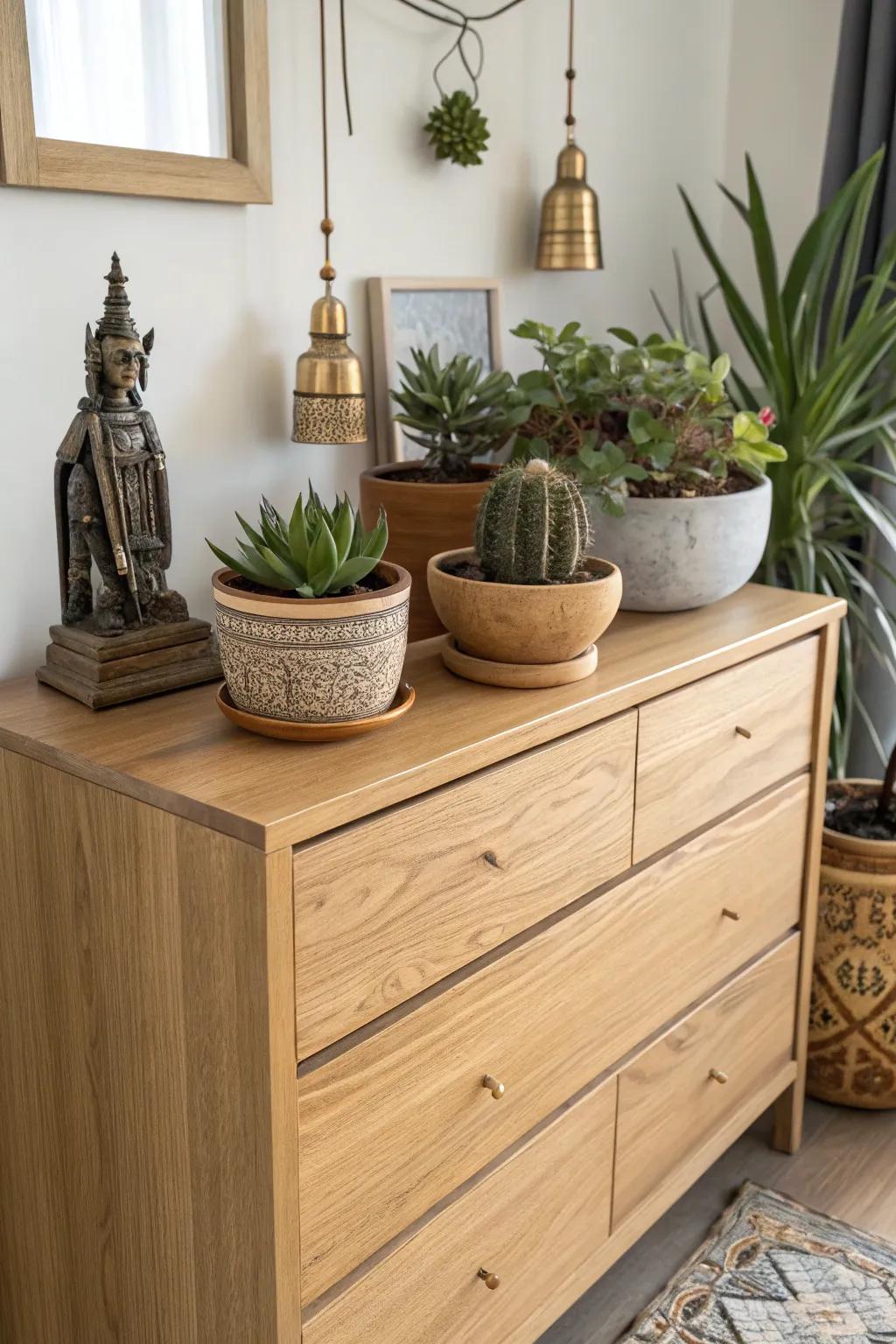 Transform your dresser into a bohemian retreat with succulents and classic treasures.
