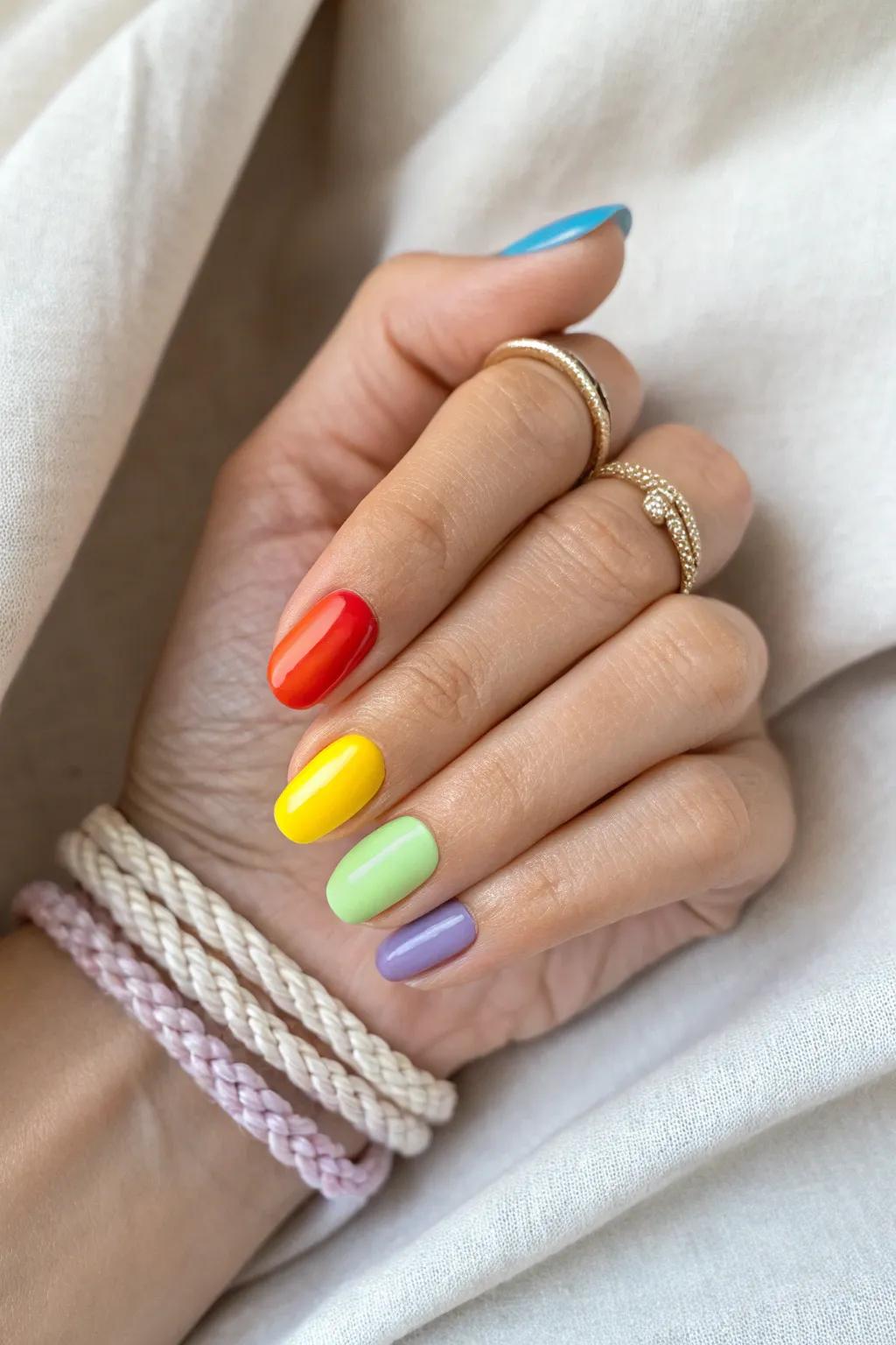 Embrace the chromatic spectrum with this vibrant DIY nail artistry, ideal for infusing a burst of color into your day!