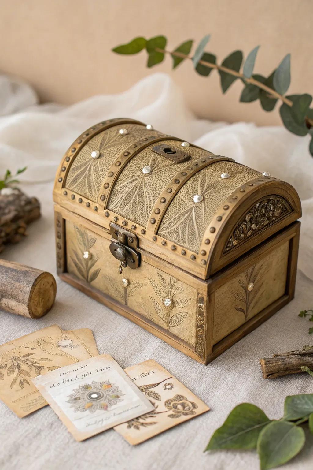 Unveil the magic of a gold-painted treasure chest—where fantasy waltzes with craftsmanship, casting an unforgettable spell on your special day.