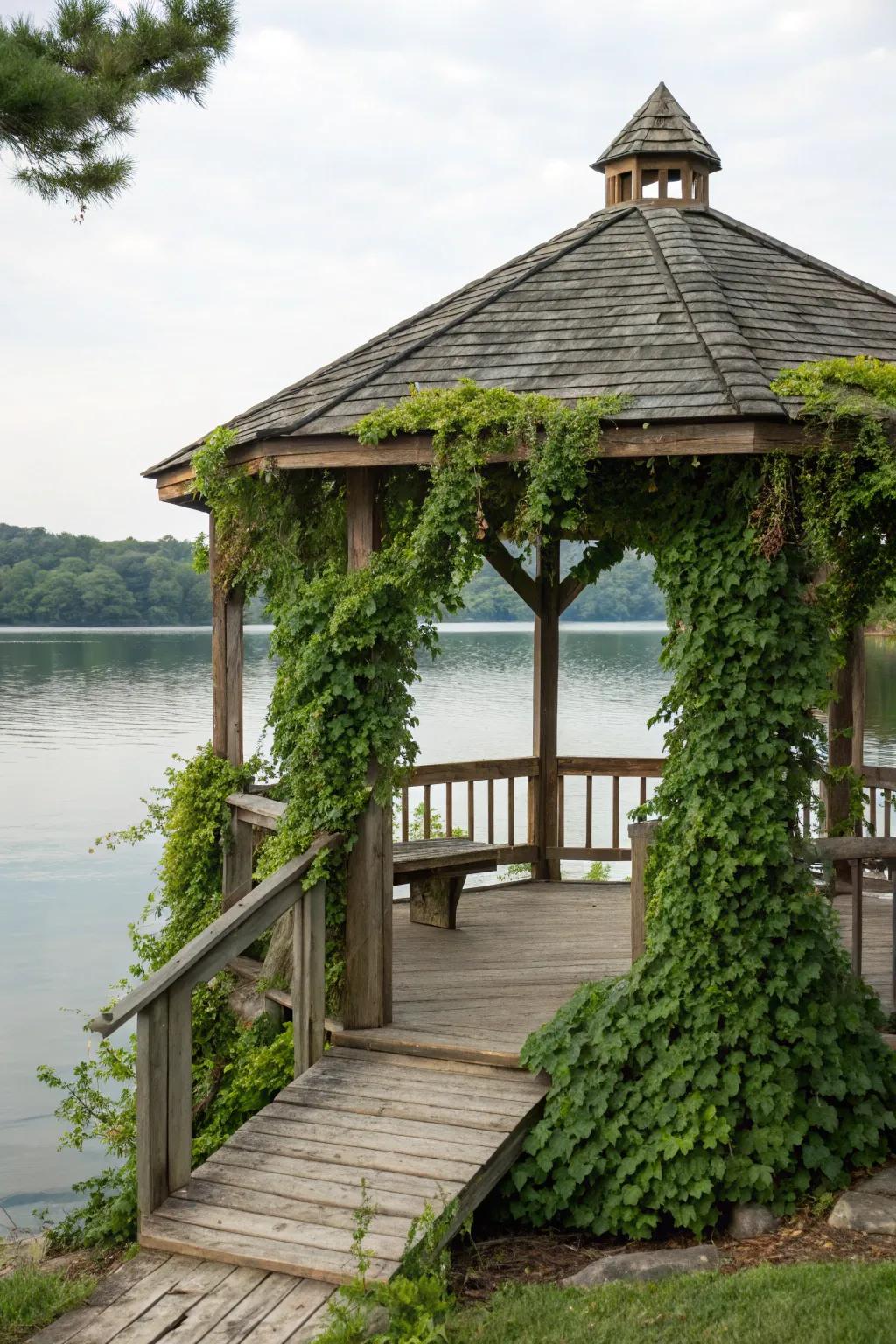 Integrate your gazebo with nature, employing stone and wood for a cohesive appearance.