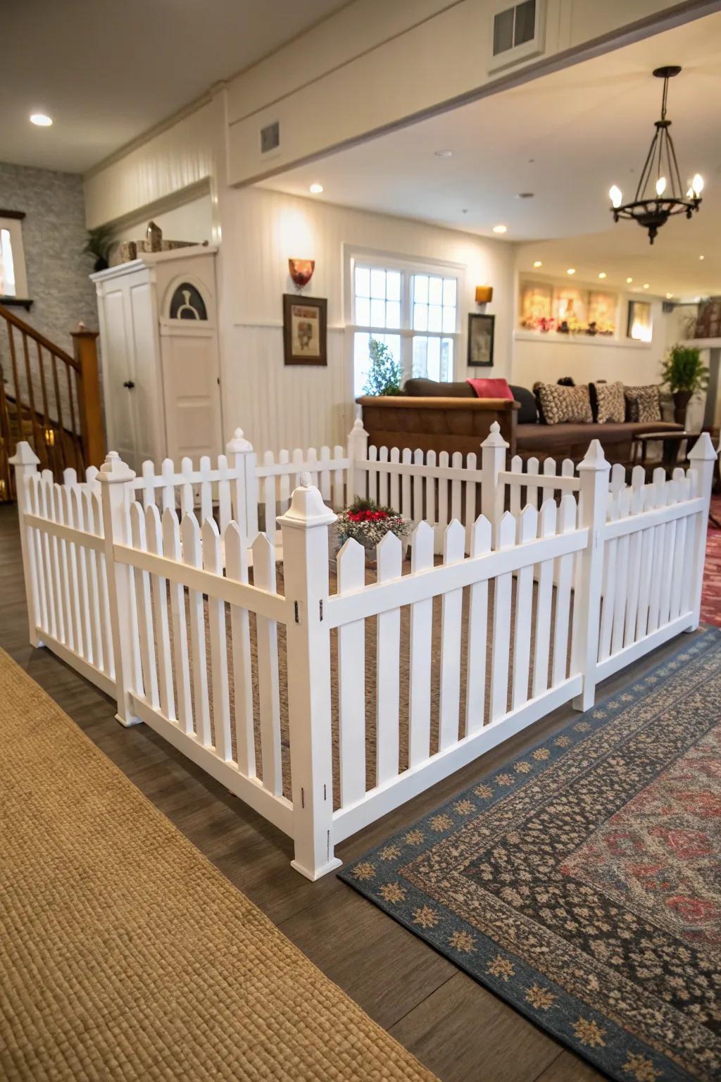 A whimsical snow-white picket-style dog barrier adding charm indoors.