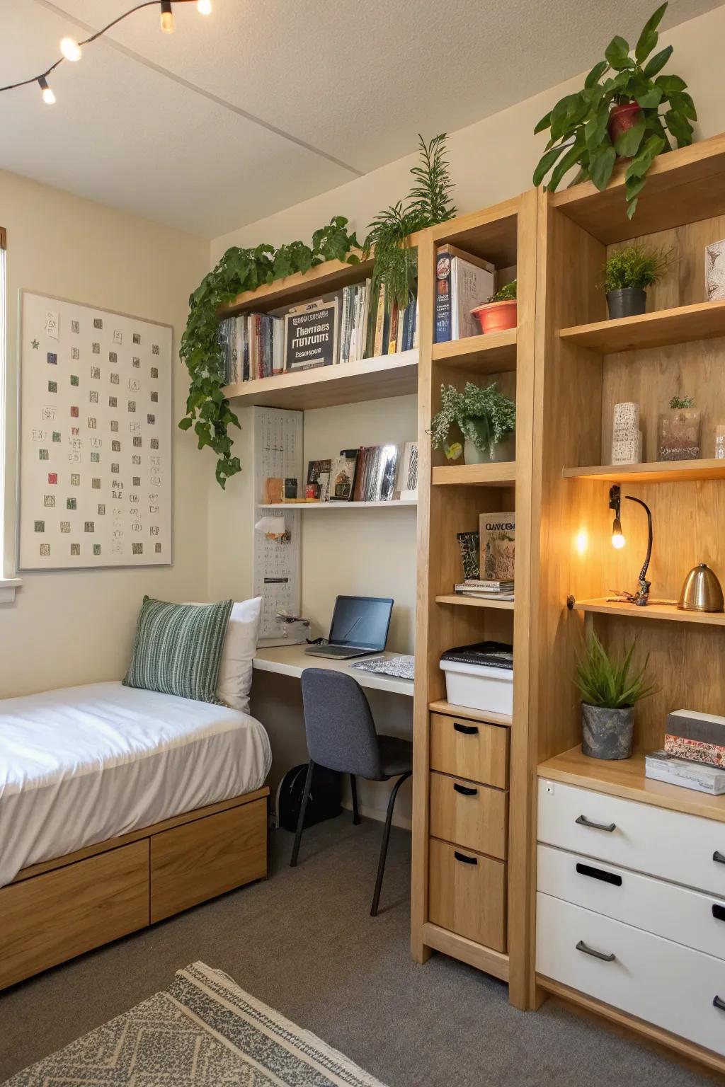 An organized dorm room featuring clever storage solutions for a tidy appearance.