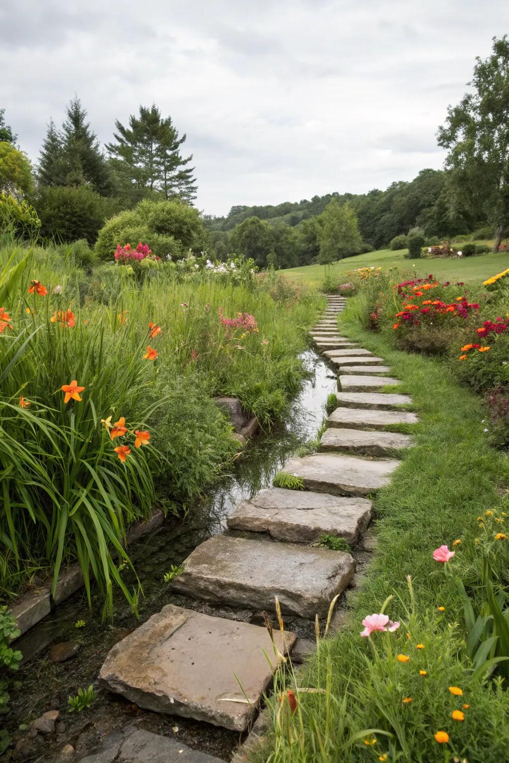 Stepping stones transform a simple drainage swale into a charming garden path.