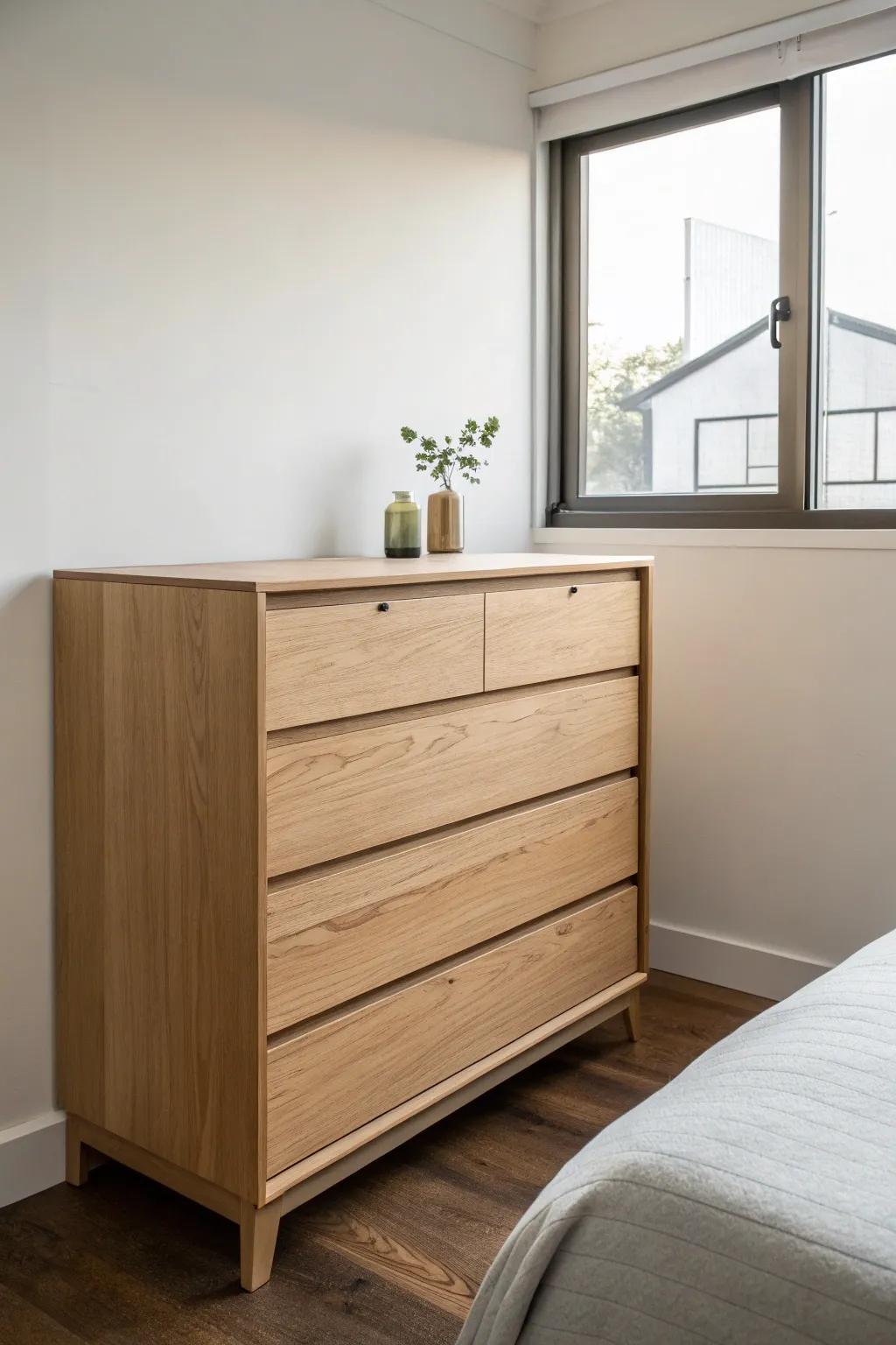 A minimalist dresser featuring sharp lines that enhance the sleek appearance of a compact bedroom.