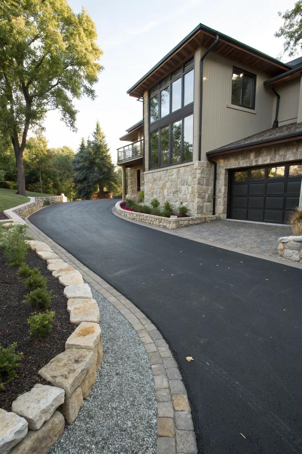 An asphalt driveway elevated with ornamental borders.