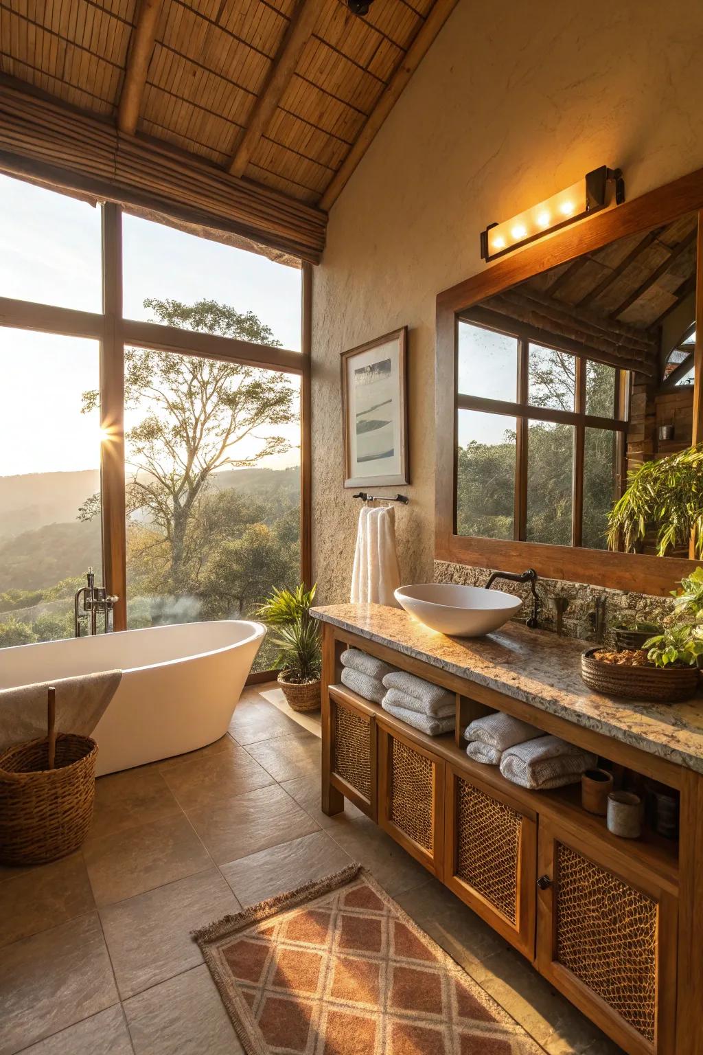 Sunlight enhances the organic ambiance of a restroom.
