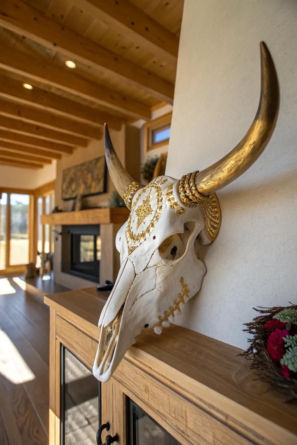 Metallic highlights add a hint of luxury to bovine skull decor.