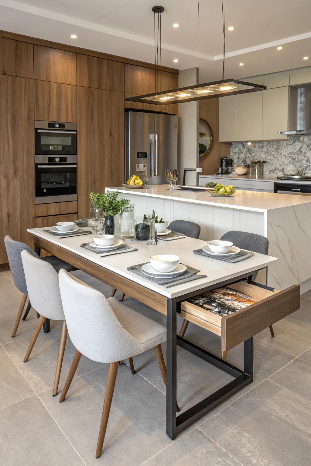 A design using an adaptable table for flexible eating options.