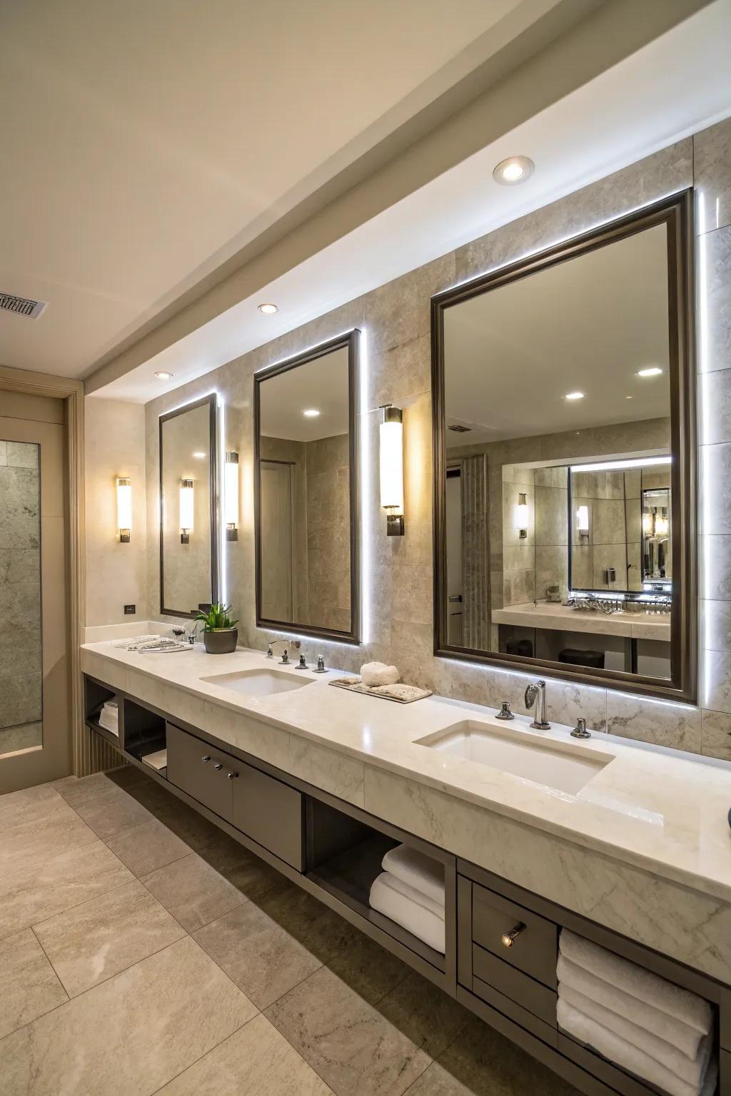 Expansive looking glasses enhance light and space in this elegant bathroom.