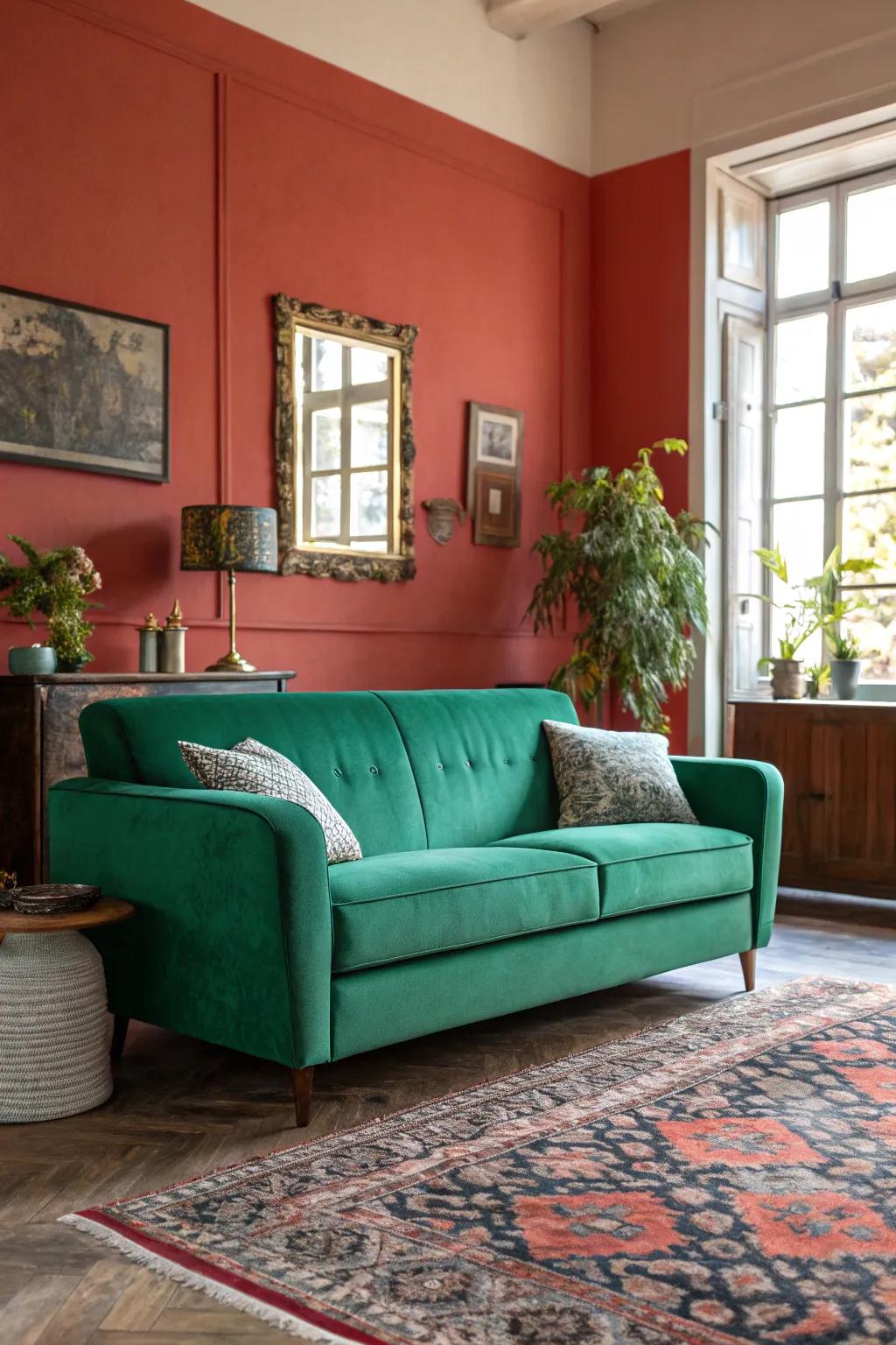 The emerald green sofa is framed exquisitely by a striking highlighted wall.