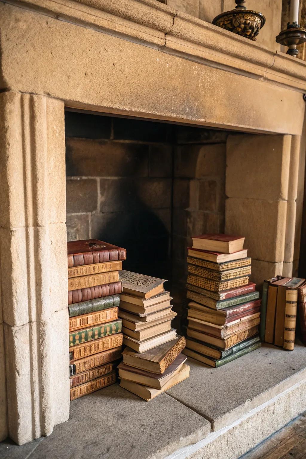 Design a cozy learning space using books in your fireplace.