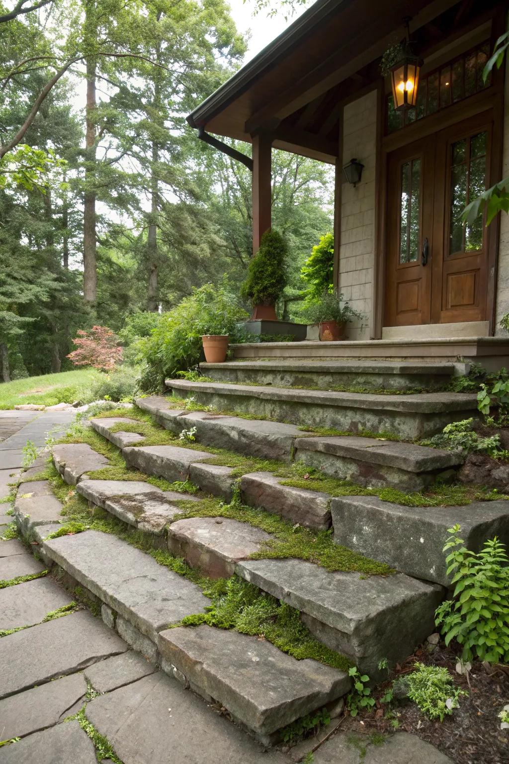 Rustic rock stairways that fashion a snug and natural entrance to the porch.