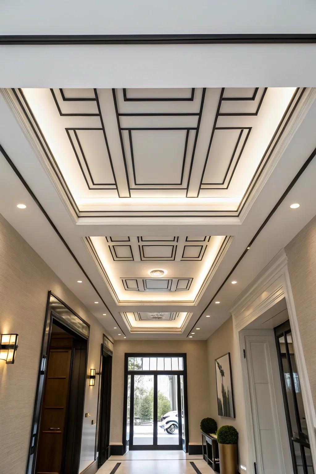 Minimalist designs present a pristine and modern entryway overhead.
